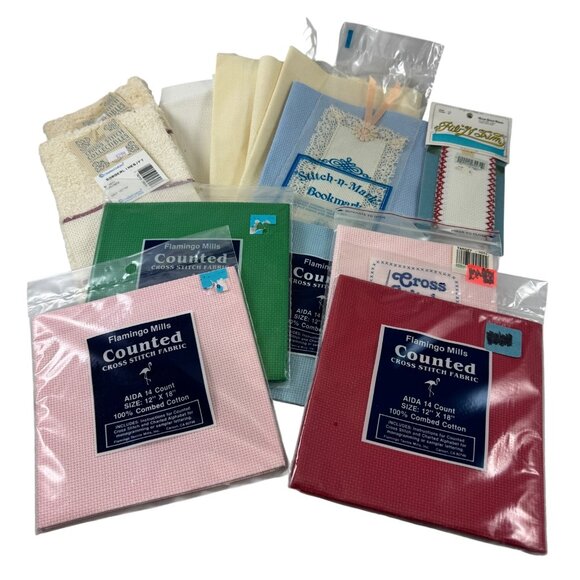 Lot of Cross Stitch Aida Fabric Cloth 18 Inch 14 Count Ivory Bookmarks Towels - Picture 1 of 6